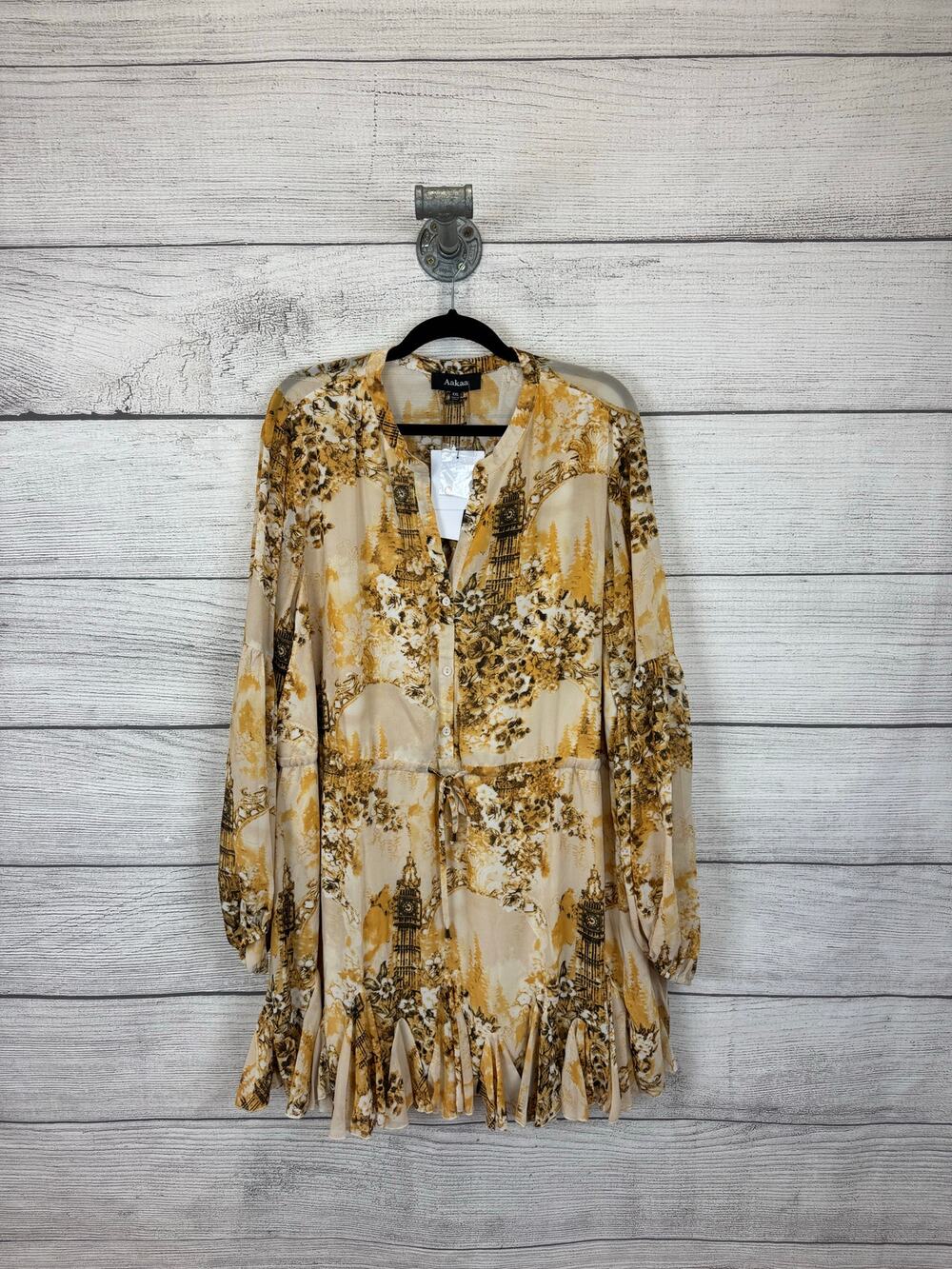 Aakaa Plus Size Cream & Mustard Floral London Ruffle Dress Size XXL